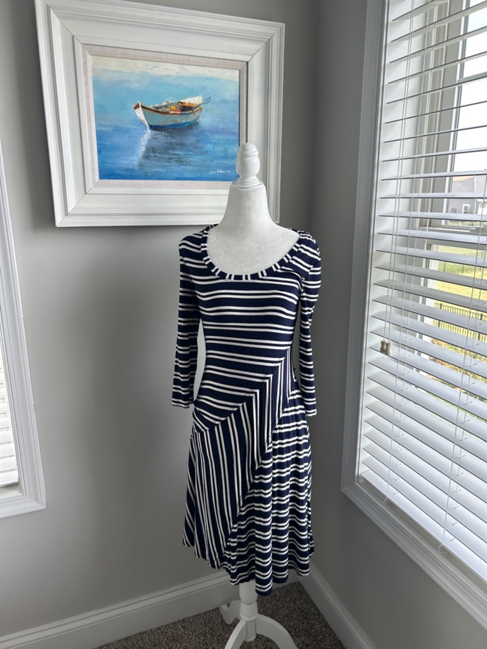Max Studio Navy & White Striped Knit Fit-and-Flare Dress